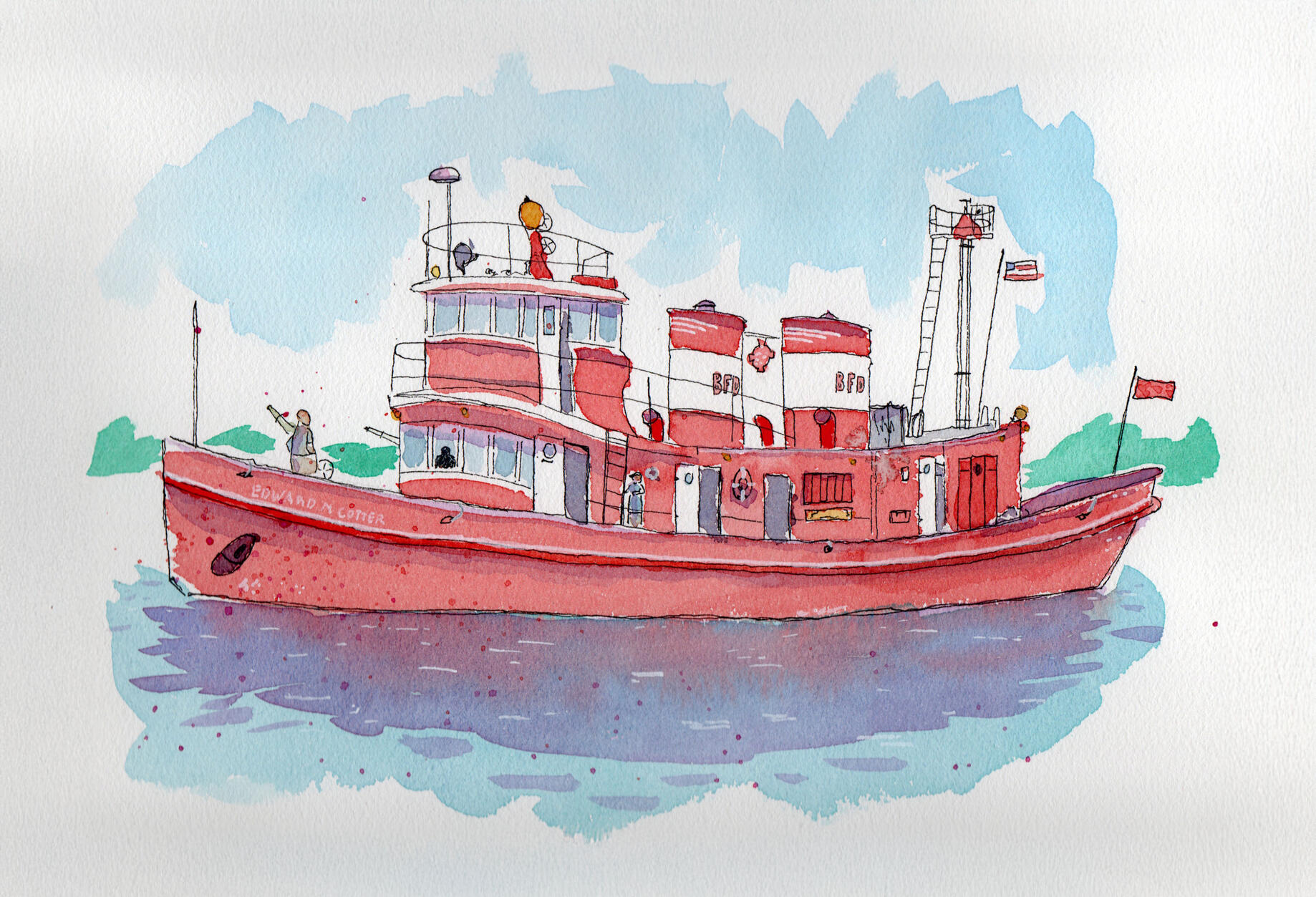 Ink & watercolor painting of the Edward M. Cotter fireboat in Buffalo, NY