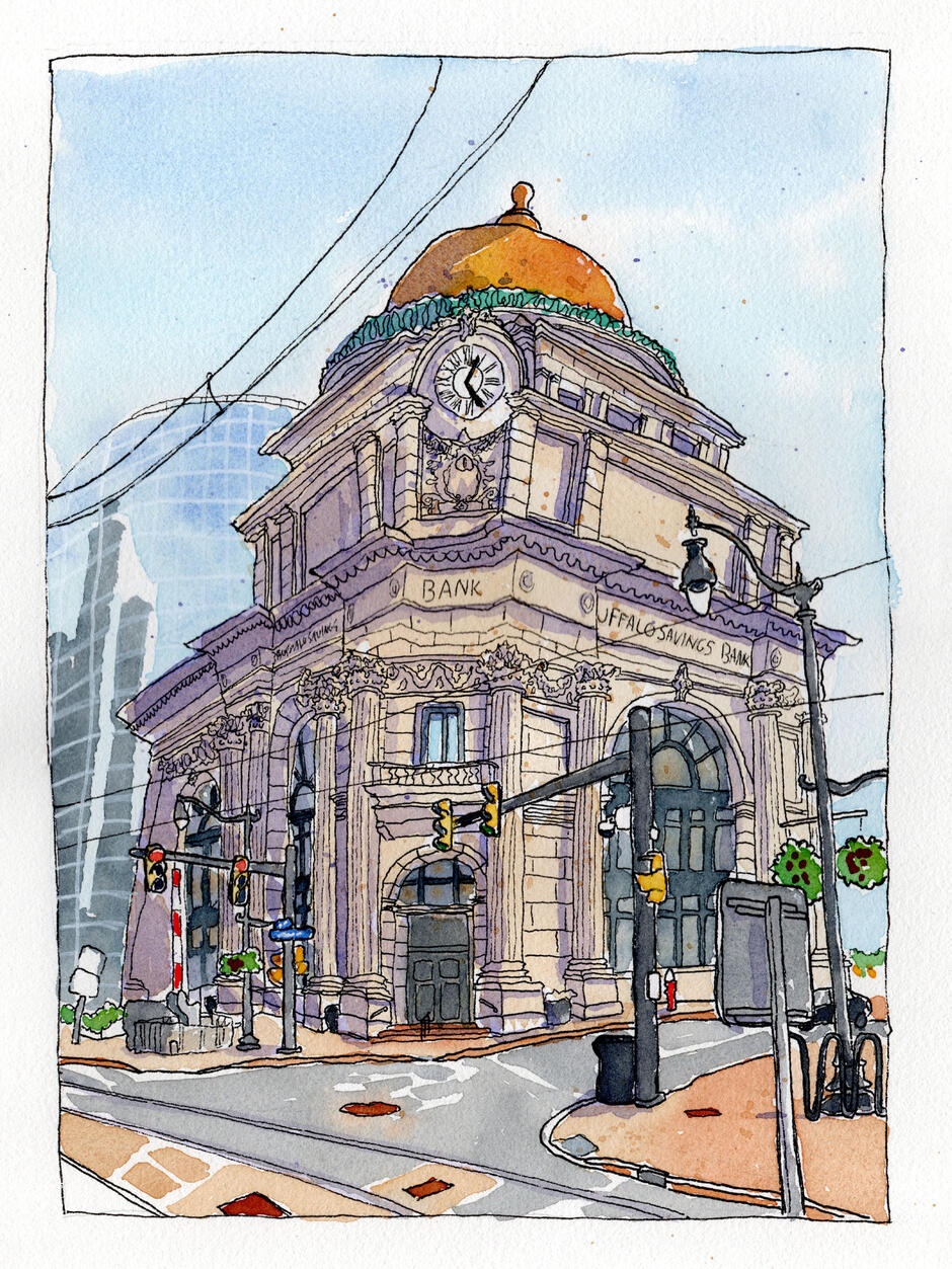Ink & watercolor painting of the M&T gold domed building in Buffalo, NY