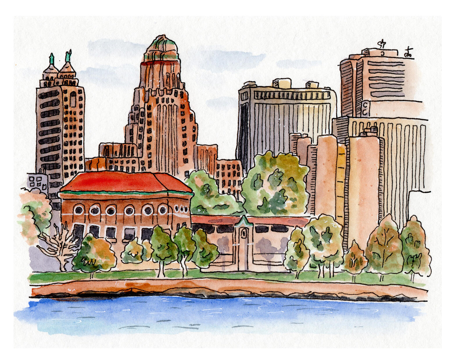 Ink & watercolor painting of the Buffalo, NY Skyline