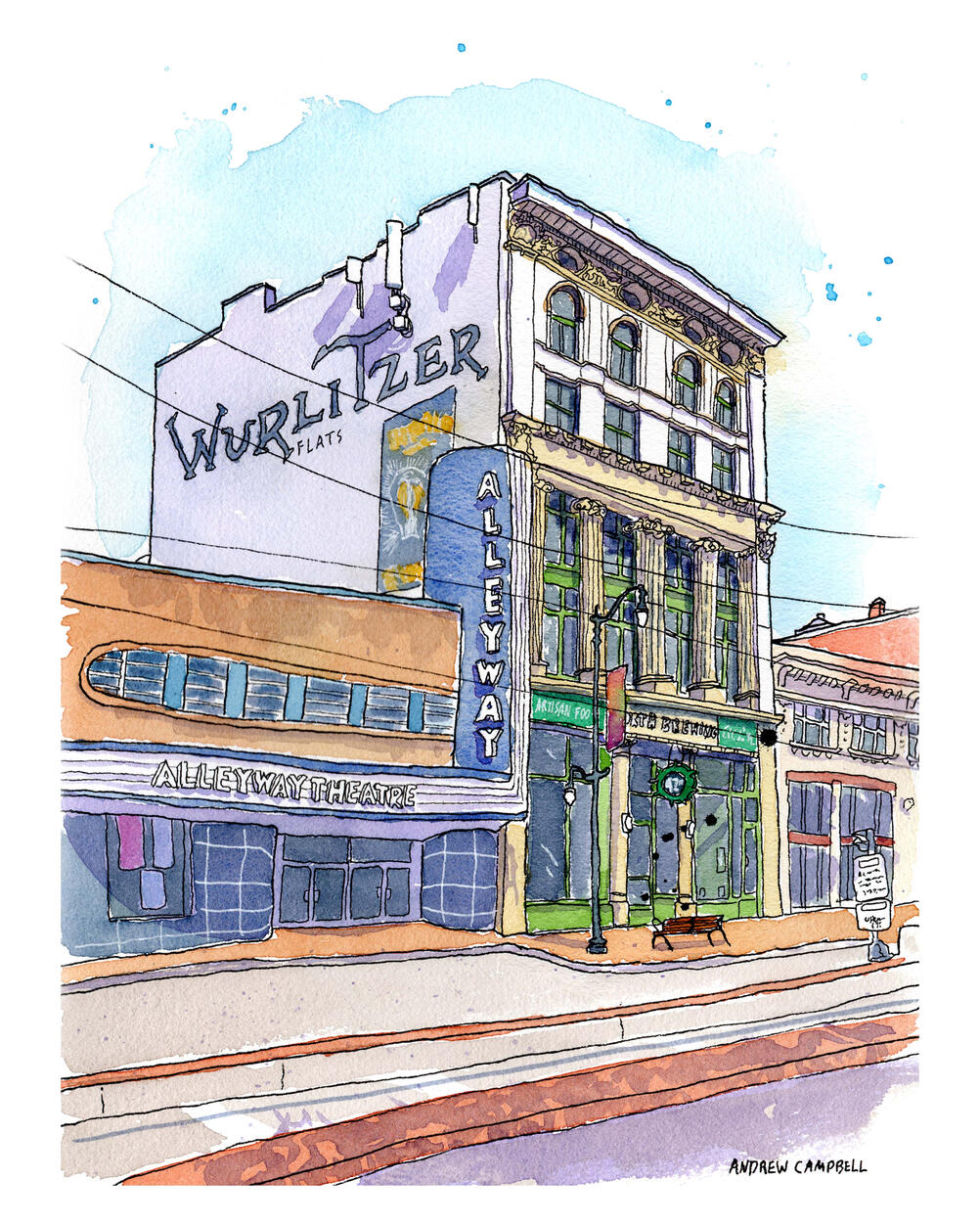 Ink & watercolor painting of the Wurlitzer Flats building in Buffalo, NY's Theatre District
