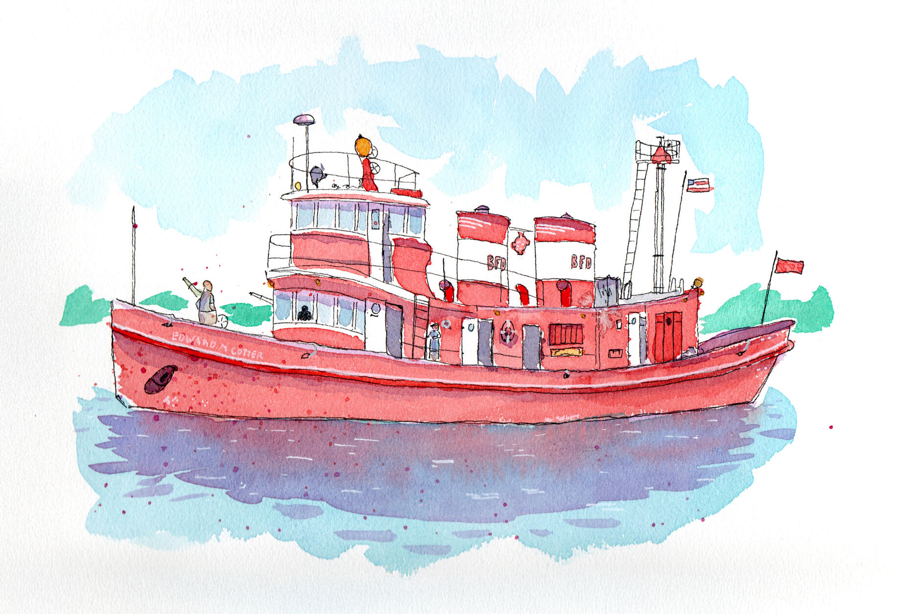 Ink & watercolor painting of the Edward M. Cotter fireboat in Buffalo, NY