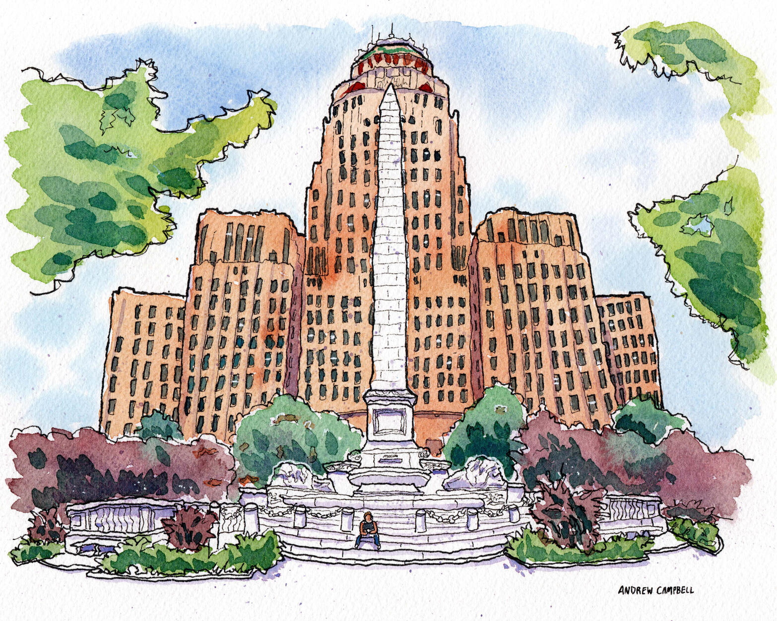 Ink & watercolor painting of City Hall in Washington Square, Buffalo, NY