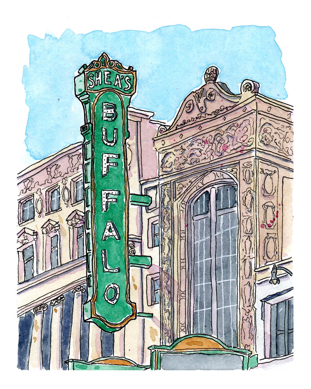 Ink & watercolor painting of Shea's Buffalo Theatre