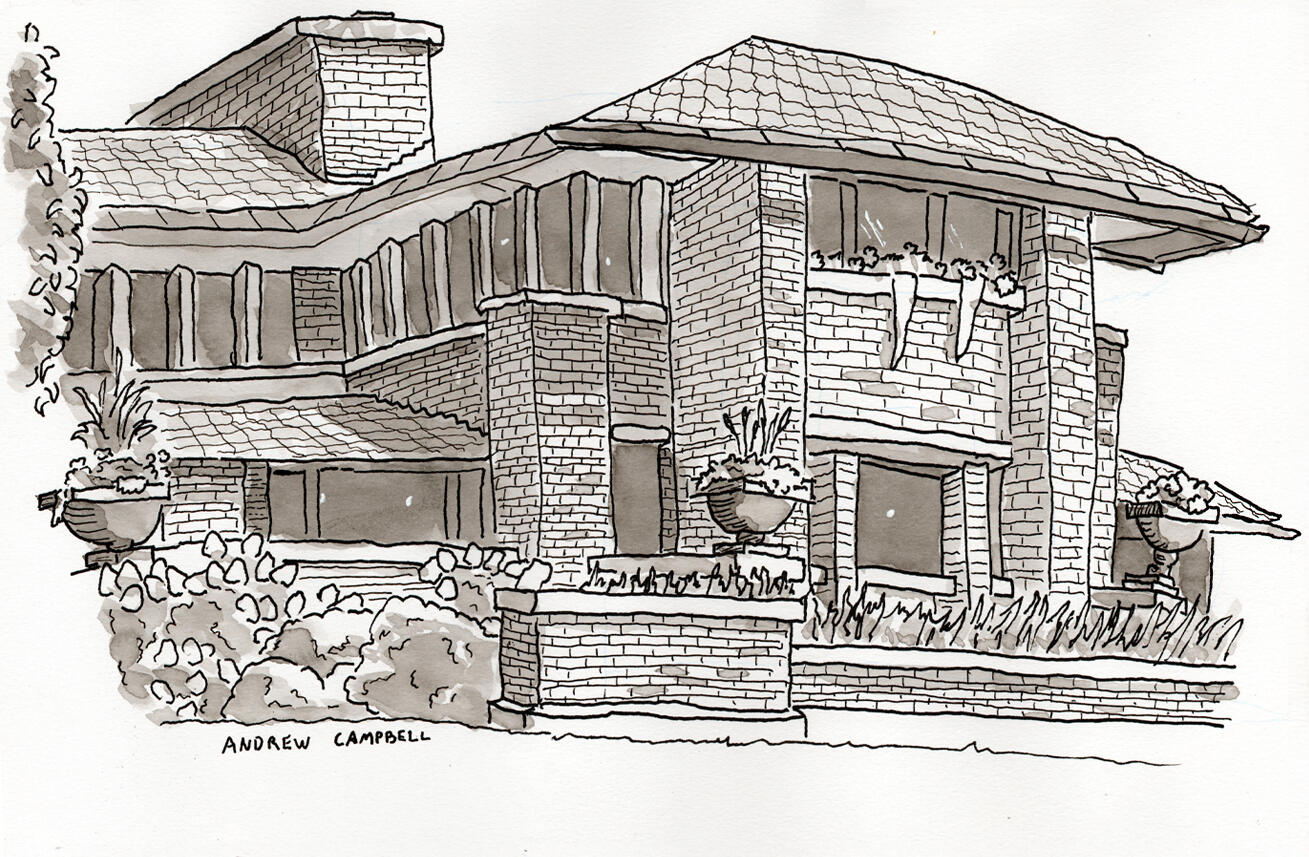 Ink wash painting of Frank Lloyd Wright's Martin house in Buffalo, NY