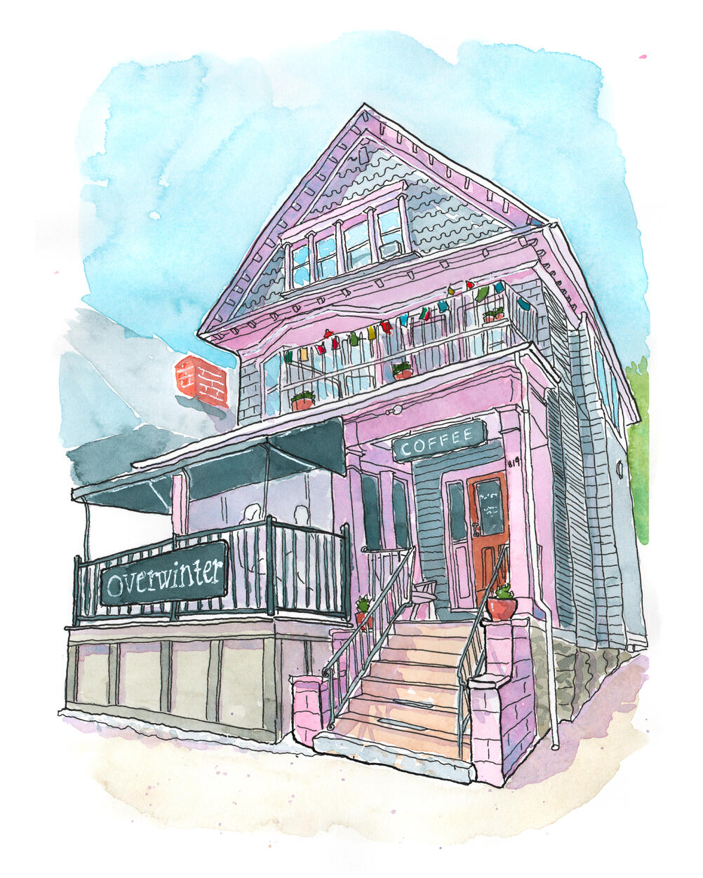 Ink and watercolor illustration of Overwinter Coffee on Elmwood Avenue in Buffalo, NY.