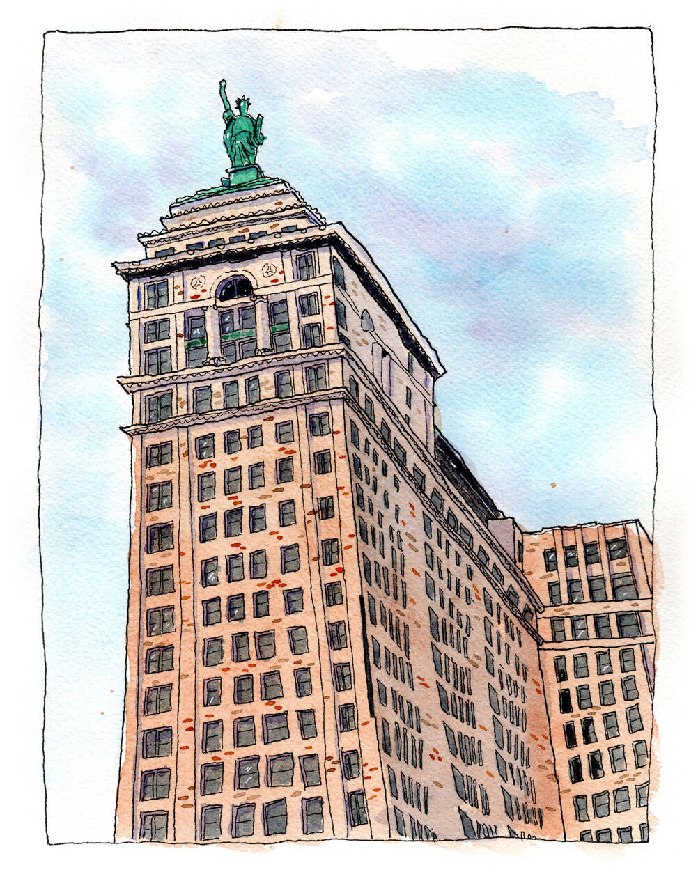 Ink & watercolor painting of the Liberty Building in Buffalo, NY